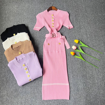 2025 Autumn Winter Women Knitted Dress Brand Fashion O-neck Buttons Bodycon Sweater Dress with Belt Lady Office Dress