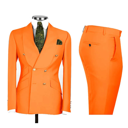 Lvory Shawl Lapel 2 Piece Suit Double Breasted Men's Jacket Pants with Gold Buttons Formal Wedding Groom Attire Prom Tuxedos