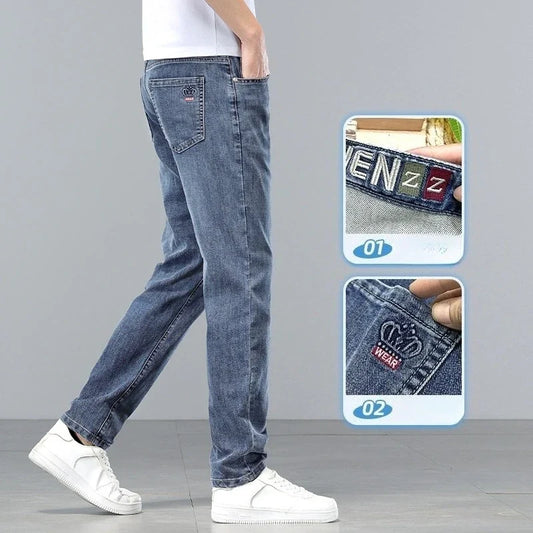  Brand Clothing Spring Summer Slim Men's Jeans Casual Breathable Cotton Fabric Stretch Denim Pants Blue Trousers Male Plus Size