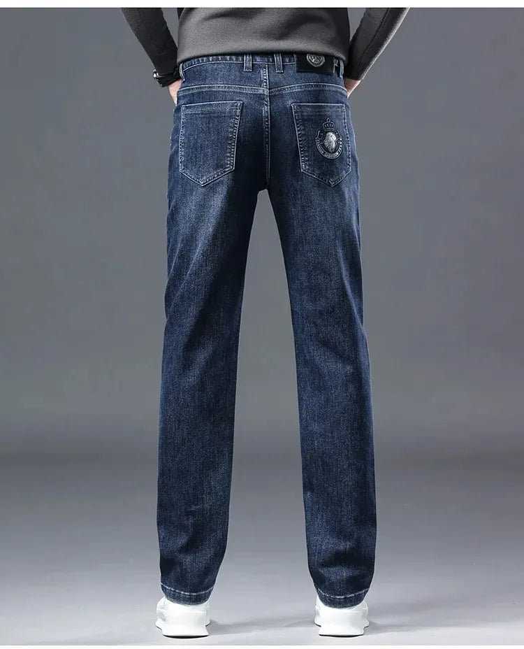 2026 Four Seasons Fashion Brand Straight Leg Jeans Men Business Casual Loose Stretch Long Pants Trousers