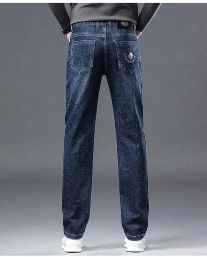 2026 Four Seasons Fashion Brand Straight Leg Jeans Men Business Casual Loose Stretch Long Pants Trousers