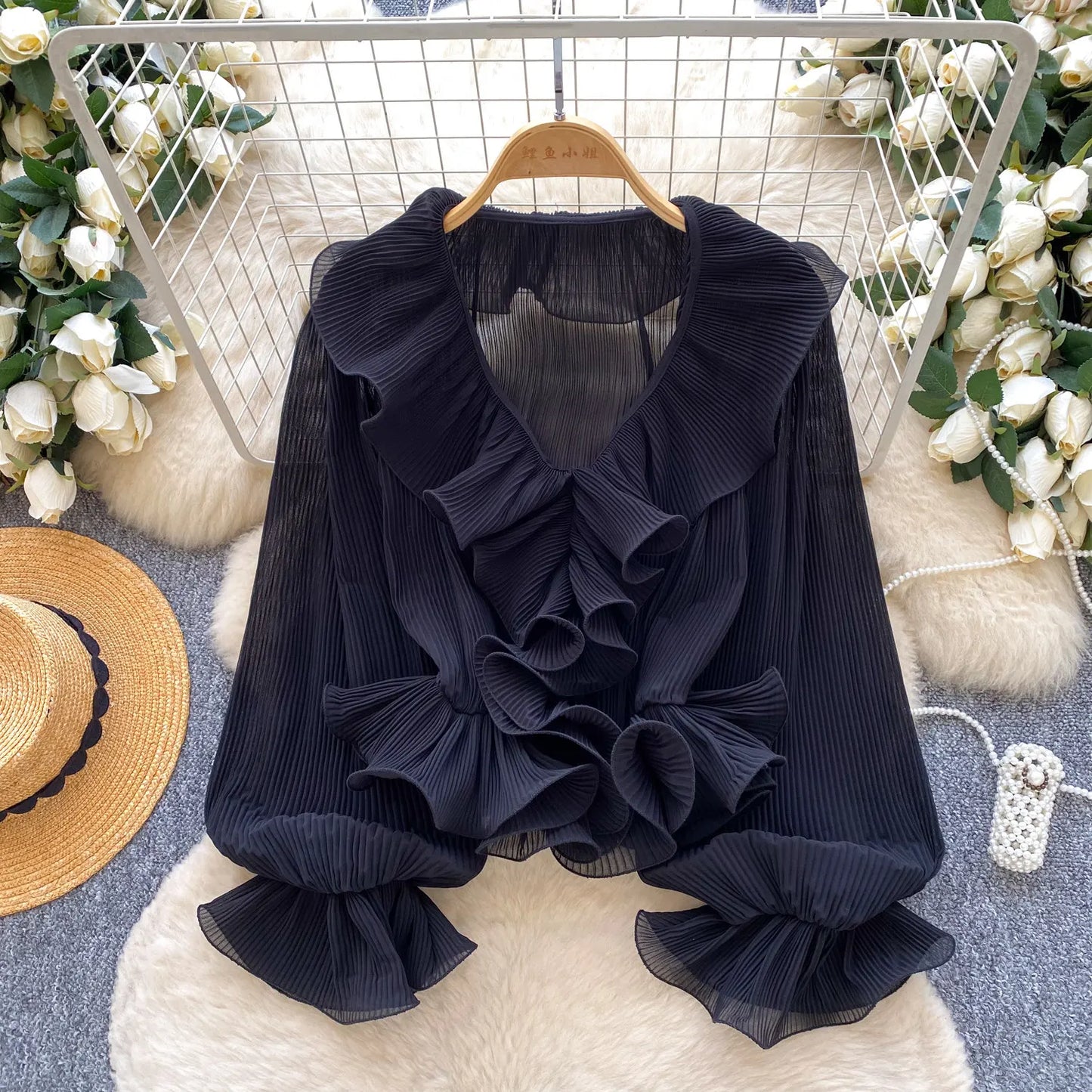 Ruffles Pleated Romantic Tops Thin Spring Summer V Neck French Elegant Blouse Fairycore Flowy Office Lady Luxury Shirt