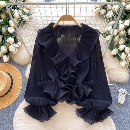Ruffles Pleated Romantic Tops Thin Spring Summer V Neck French Elegant Blouse Fairycore Flowy Office Lady Luxury Shirt