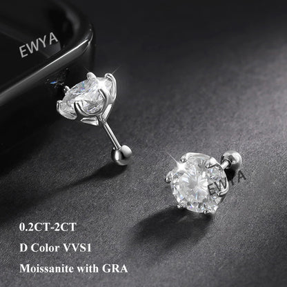 925 Sterling Silver 0.2-2ct D VVS1 6 Prong Diamond with GRA Moissanite Screw Stud Earrings For Women Wedding Fine Jewelry