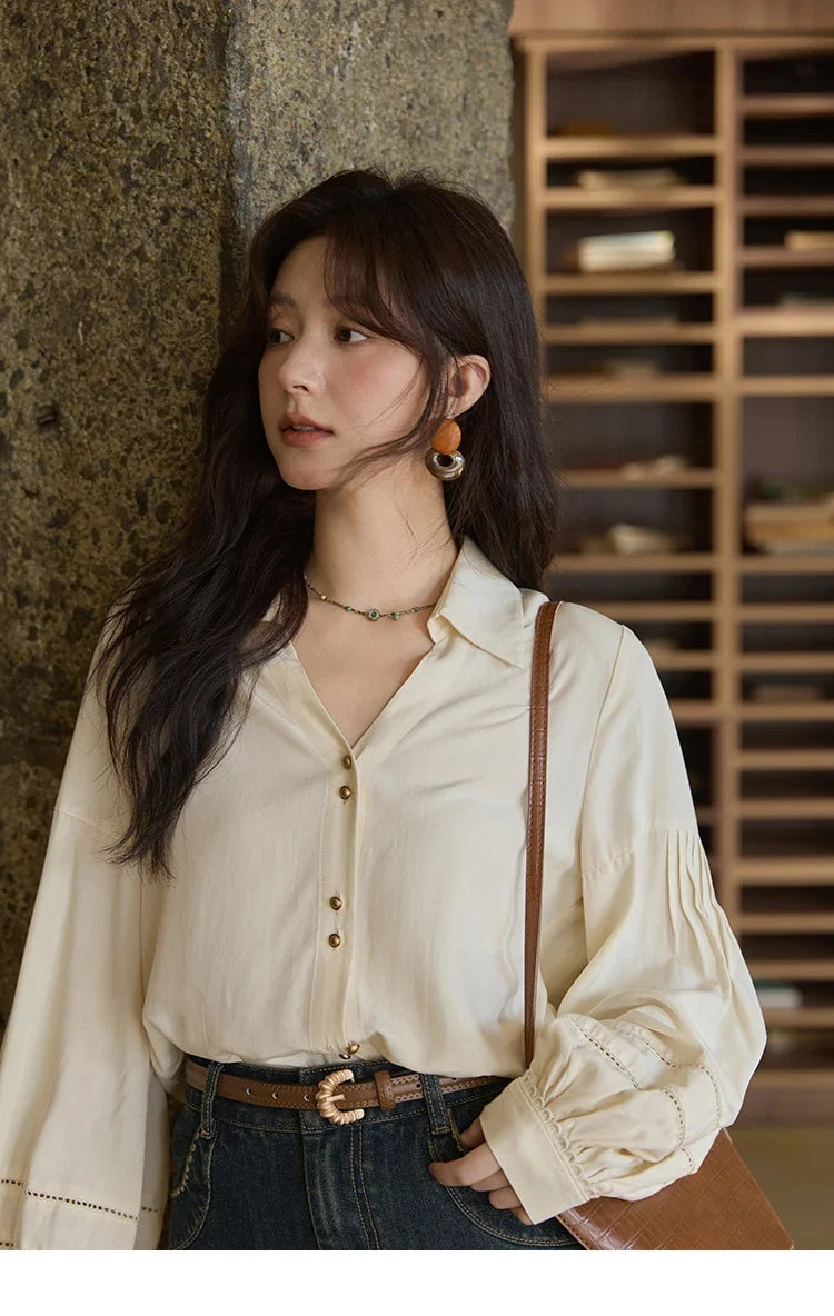 Women's Shirt Lantern Sleeve Hollow Out Tops 2025 Autumn Single Breasted Solid Shirts Lapel Shirt Office Lady MXE41C2359