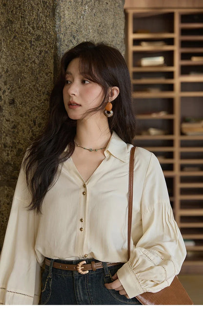 Women's Shirt Lantern Sleeve Hollow Out Tops 2025 Autumn Single Breasted Solid Shirts Lapel Shirt Office Lady MXE41C2359