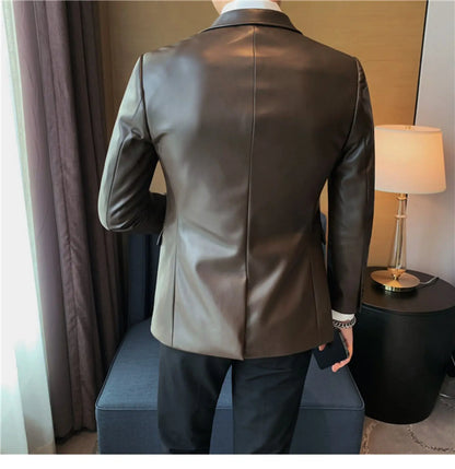 Men's Leather Jacket 2024 Autumn Highend Fashion Solid Slim Fit Business Blazers Coats Korean Casual PU Leather Suit Tuxedo