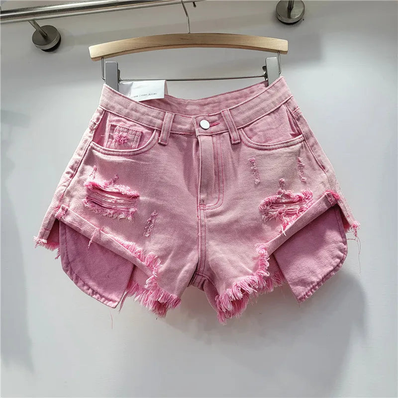 2026 Summer New Women's Pink Hole Denim Shorts High Waist Slimming Spicy Girl A-line Ragged Edge Shorts