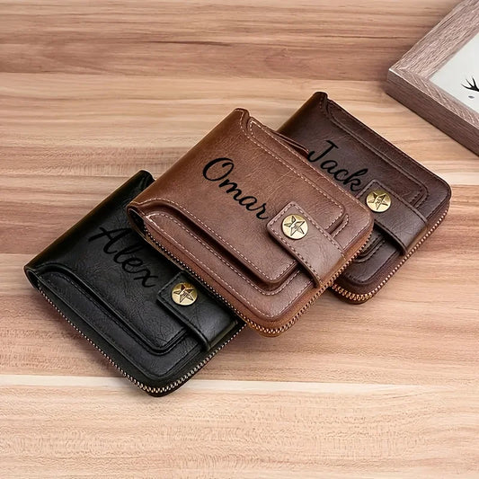 Portefeuille Homme Personnalisé, Élégant, en Faux Cuir Marron, Gravé, Pochette Décorative, Durable, Porte-Cartes, Porte-Monnaie