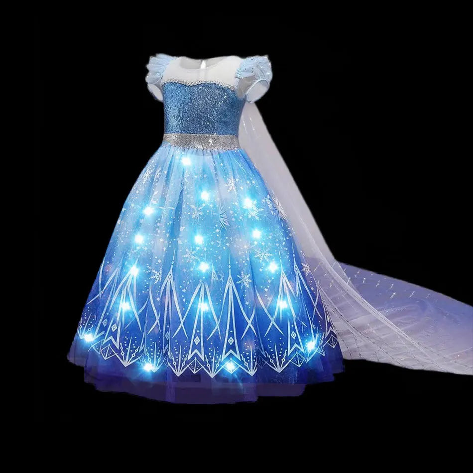 Halloween Girl Elsa Role Playing Dress Light Up Halloween Frozen Carnival Apparel Girls Birthday Cosplay Princess Glowing Dress