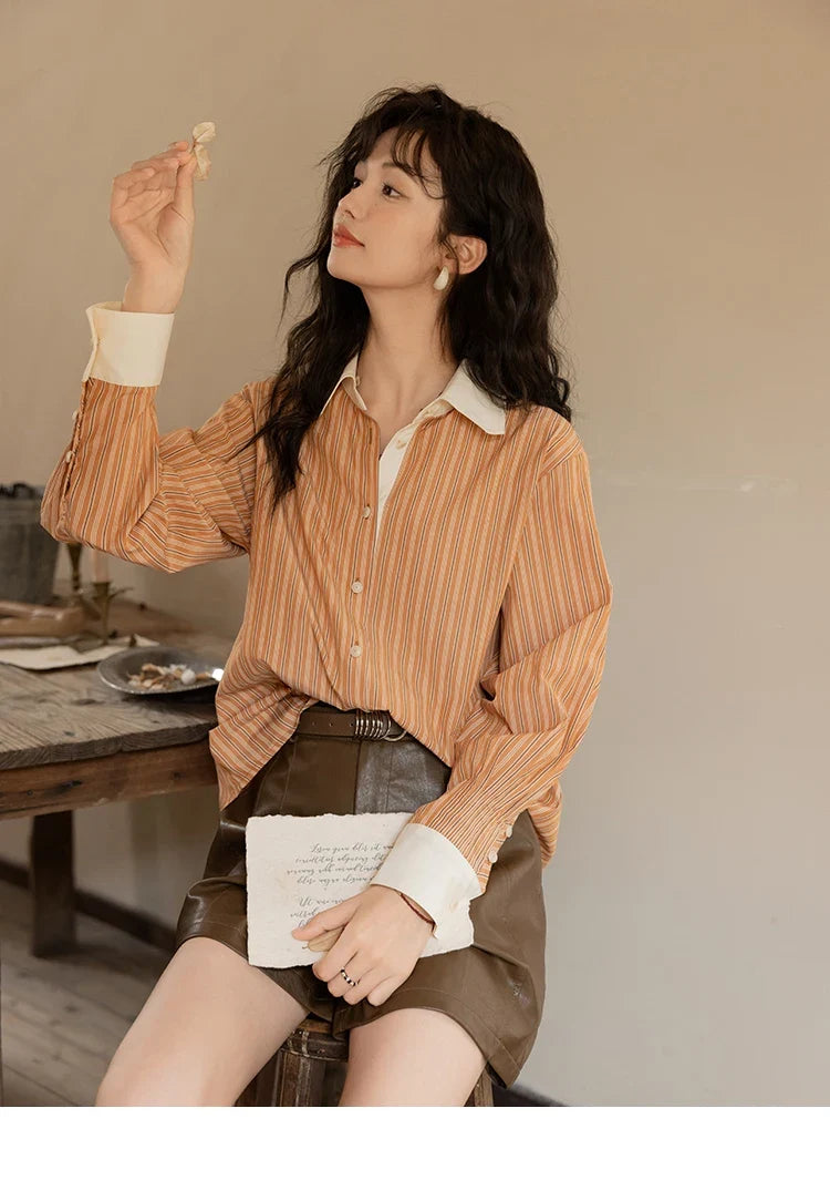 Loose Striped Shirt for Women Autumn 2025 Contrasting Lapel Top Single Breasted Patchwork Shirts Office Lady MXD41C0286