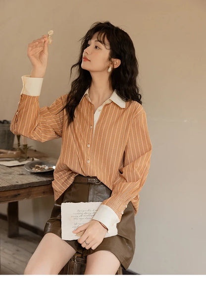 Loose Striped Shirt for Women Autumn 2025 Contrasting Lapel Top Single Breasted Patchwork Shirts Office Lady MXD41C0286