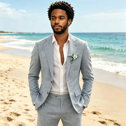 Light Grey 2 Pieces Linen Men's Suits With Pants Groom Tuxedos Summer Casual Style Groomsmen For Wedding Blazer Sets