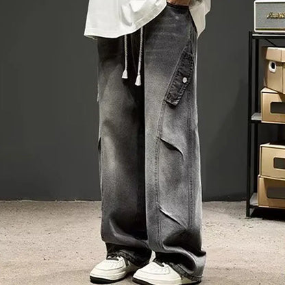 Korean High Street Retro Men'S Jeans Pleated Patchwork Paratroopers Autumn And Winter Loose Casual Straight Leg Pants