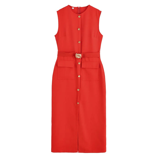 2025 Womens Dresses Black Office Long Dresses for Women Spring Sleeveless Midi Dress Woman Belt Button Women's Dress Vest