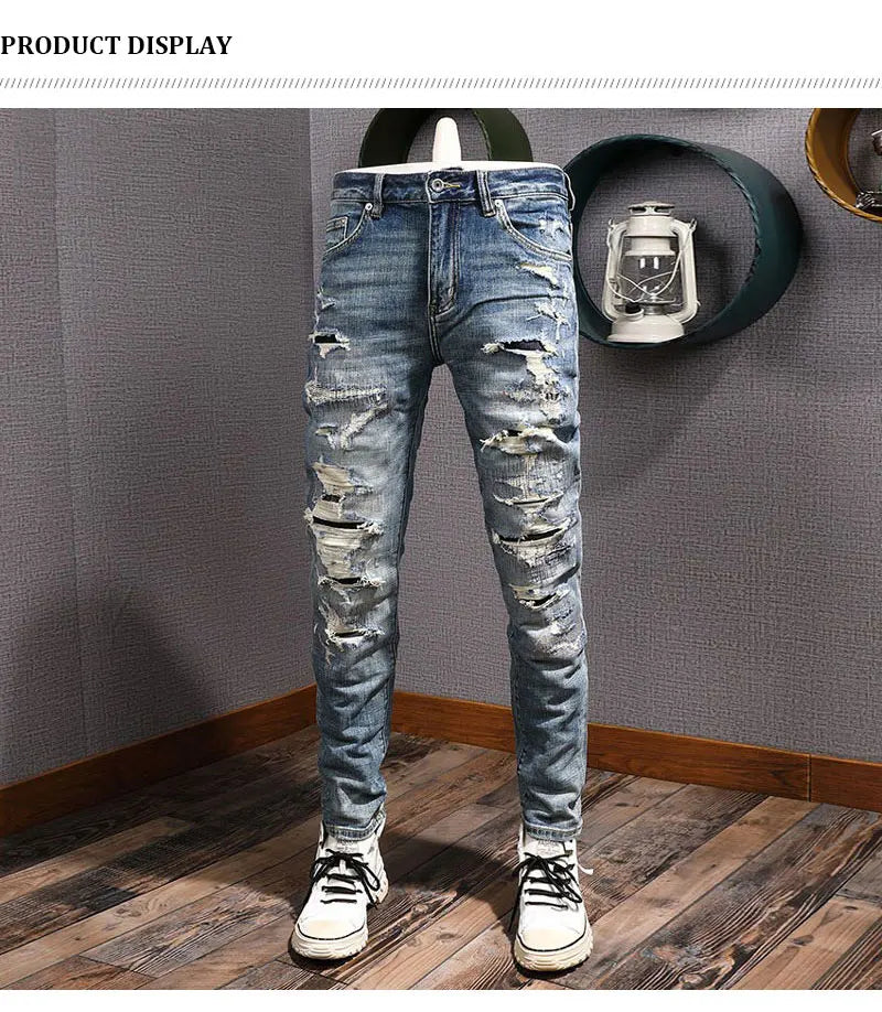 Street Fashion Men Jeans Retro Blue Stretch Slim Fit Hole Ripped Jeans Men Patched Designer Hip Hop Vintage Denim Pants Hombre