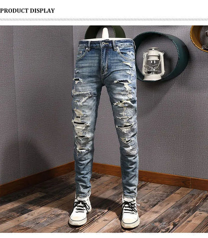 Street Fashion Men Jeans Retro Blue Stretch Slim Fit Hole Ripped Jeans Men Patched Designer Hip Hop Vintage Denim Pants Hombre