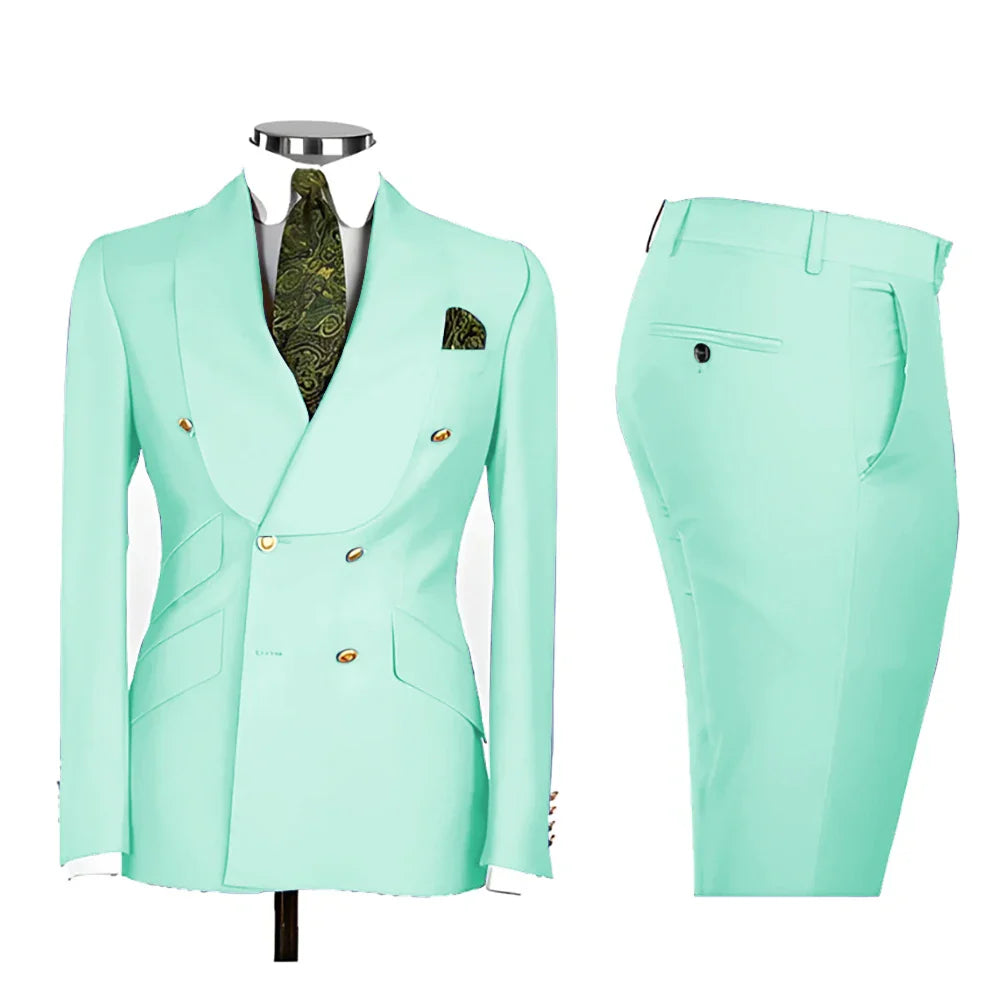 Lvory Shawl Lapel 2 Piece Suit Double Breasted Men's Jacket Pants with Gold Buttons Formal Wedding Groom Attire Prom Tuxedos
