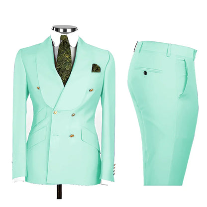 Lvory Shawl Lapel 2 Piece Suit Double Breasted Men's Jacket Pants with Gold Buttons Formal Wedding Groom Attire Prom Tuxedos