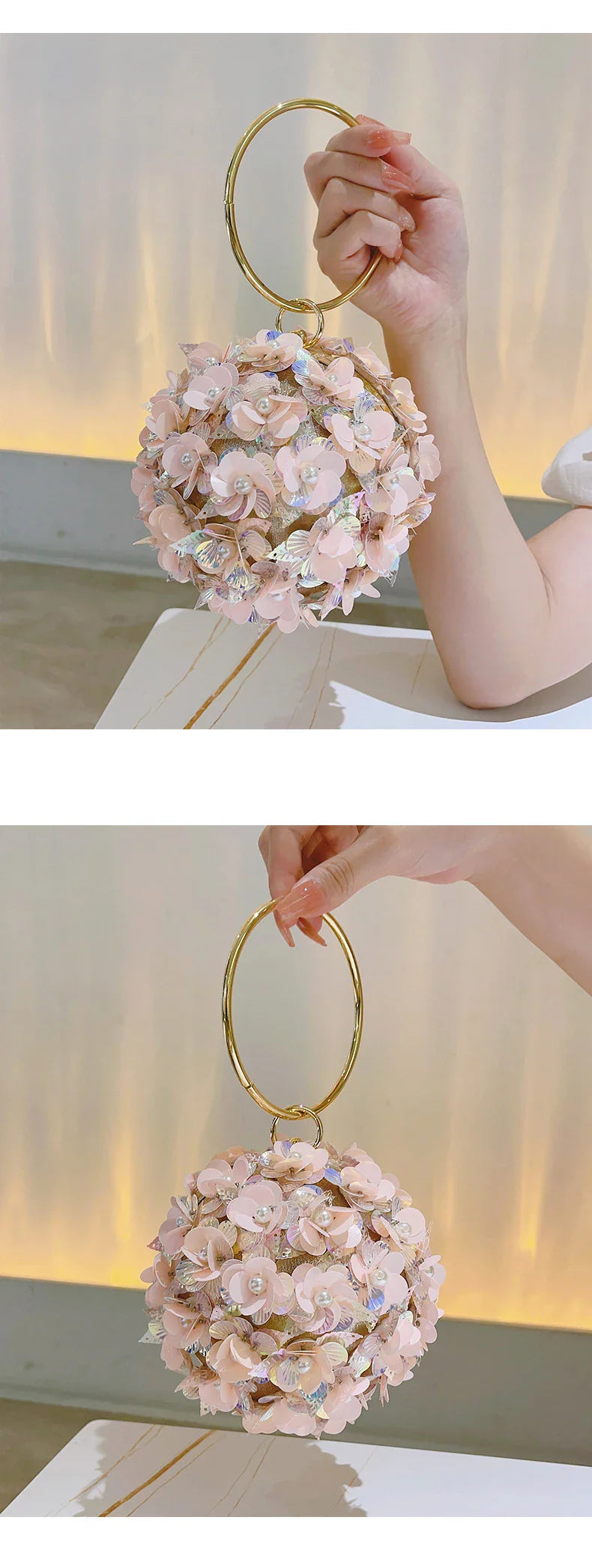 Mini Sequin Flower Evening Bag, Elegant Dinner Clutch Purse, Formal Round Banquet Handbag For Wedding Party Prom