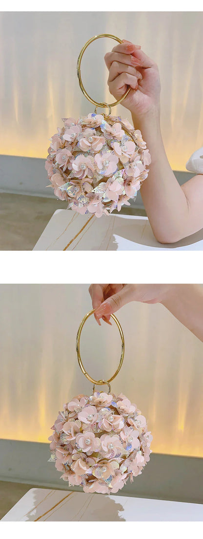 Mini Sequin Flower Evening Bag, Elegant Dinner Clutch Purse, Formal Round Banquet Handbag For Wedding Party Prom