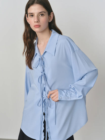 Autumn 2025 Women's French Inspired Blouse - Ruffle Trim Tie Front Loose Fit Shirt Collar Top Soft Blend Daily Wear