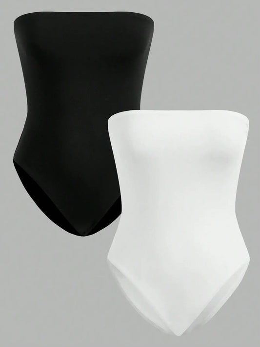 2 Pieces  Women’s Seamless Strapless Bodysuits – Black & White, Slim Fit, Tube Top Style, Comfortable Stretch Fabric