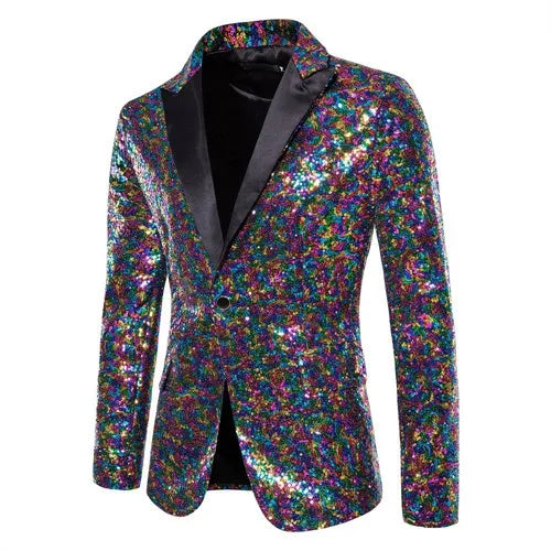 2026 Men's Suit Jacket, Shiny Sequin Stage Performance Coat, White Silver Blue Red Purple Blazers V-neck Single Button S-XXL
