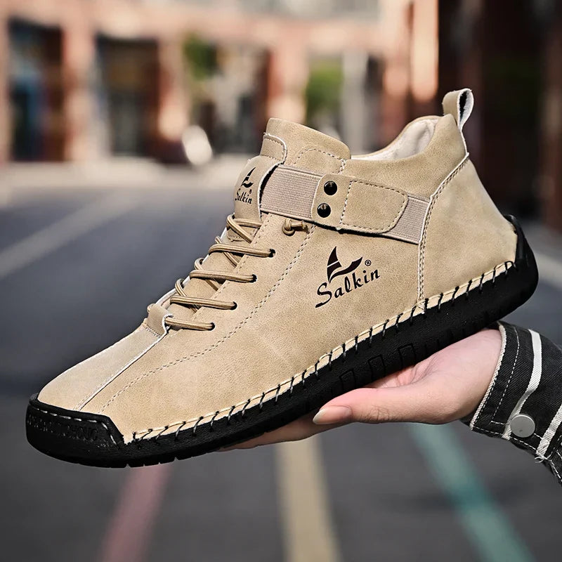 New 2025 Handmade Leather Casual Men Shoes Design Sneakers Man Breathable Leather Shoes Ankle Boots Outdoor Non Slip Walking