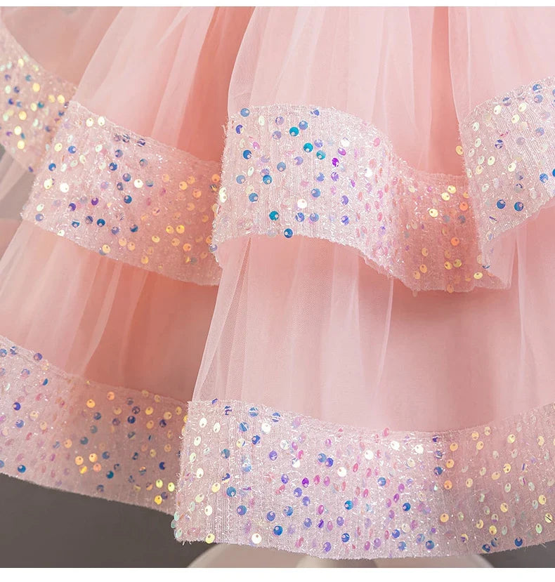 Fashion Birthday Dress Lace Mesh Bow Kids Girls Sequin Dress Summer Children Clothing Princess Ball Gown Pageant 1-6 Years
