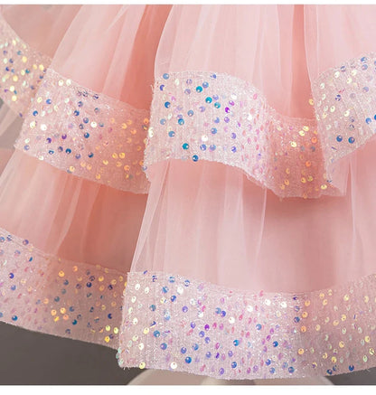Fashion Birthday Dress Lace Mesh Bow Kids Girls Sequin Dress Summer Children Clothing Princess Ball Gown Pageant 1-6 Years
