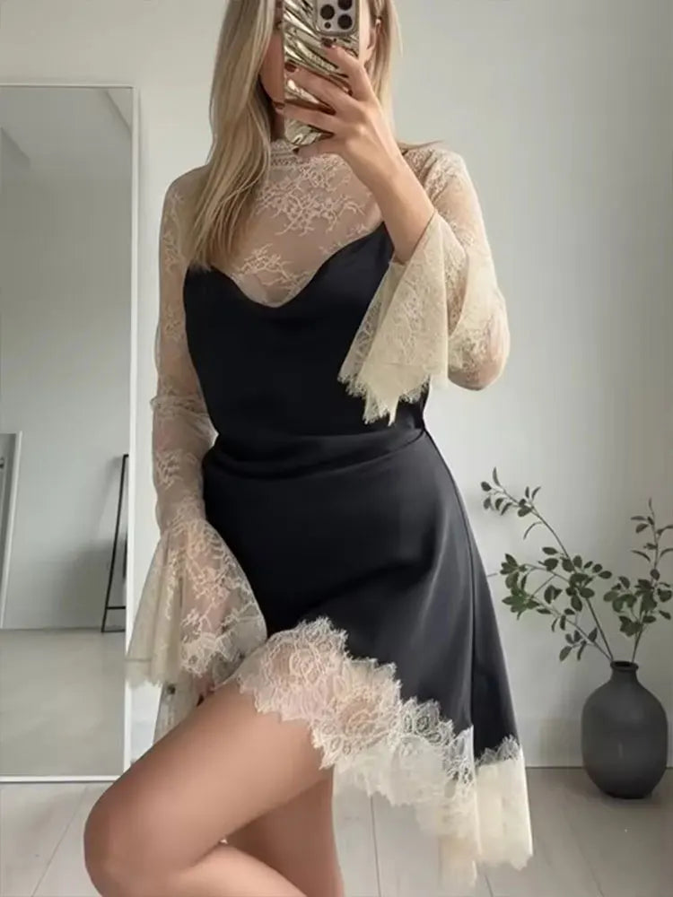 2026 Women Lace Patchwork Mini Dress Vintage Contrast Slim Long Sleeve Dresses Y2k Summer Fashion High Street Lady Chic Dress