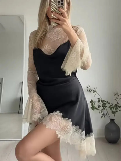 2026 Women Lace Patchwork Mini Dress Vintage Contrast Slim Long Sleeve Dresses Y2k Summer Fashion High Street Lady Chic Dress