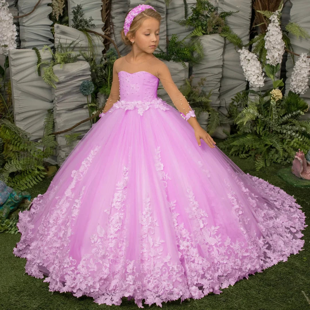 Customized Flower Girl Dress Light Champagne Pearls Floral Appliques Long Sleeve For Wedding Birthday Prom Holy Communion Gown