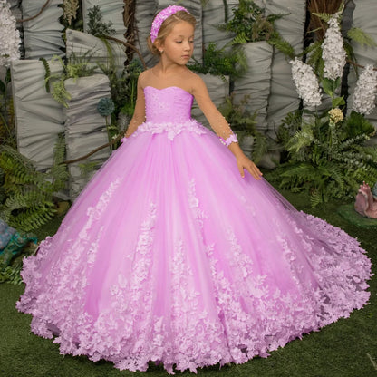 Customized Flower Girl Dress Light Champagne Pearls Floral Appliques Long Sleeve For Wedding Birthday Prom Holy Communion Gown