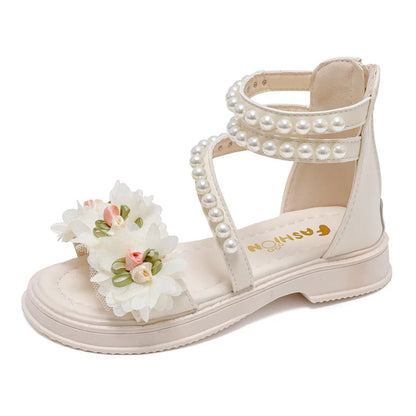 Children's Sandals for Girls Elegant Sandals Pearl Beading Sweet Princess Dress Shoes Kids High-top Roman Sandals Back Zipper