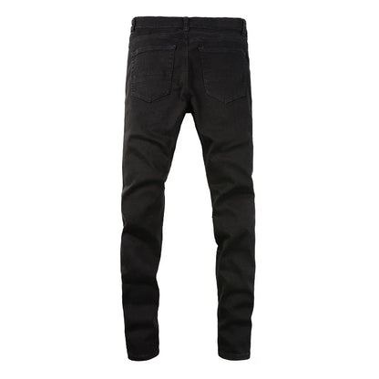 Men Cracked Silver Leather Patch Biker Jeans Streetwear Skinny Tapered Stretch Denim Pants Holes Ripped Patchwork Black Trousers