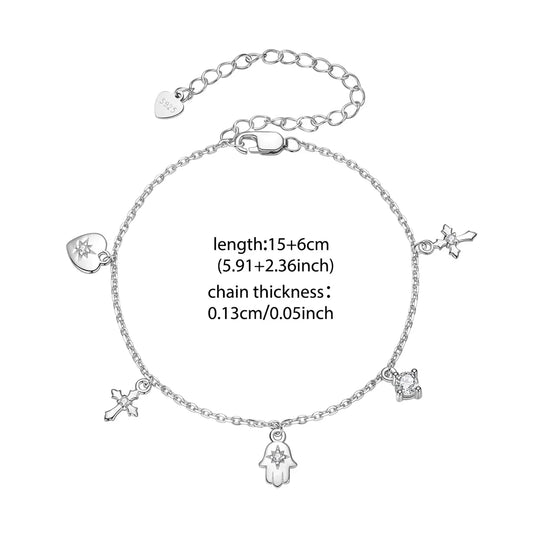 Bracelet amulette croix en argent sterling 925, pendentif main de Fatima, chaîne maillons, réglable pour femme, cadeau d'anniversaire porte-bonheur