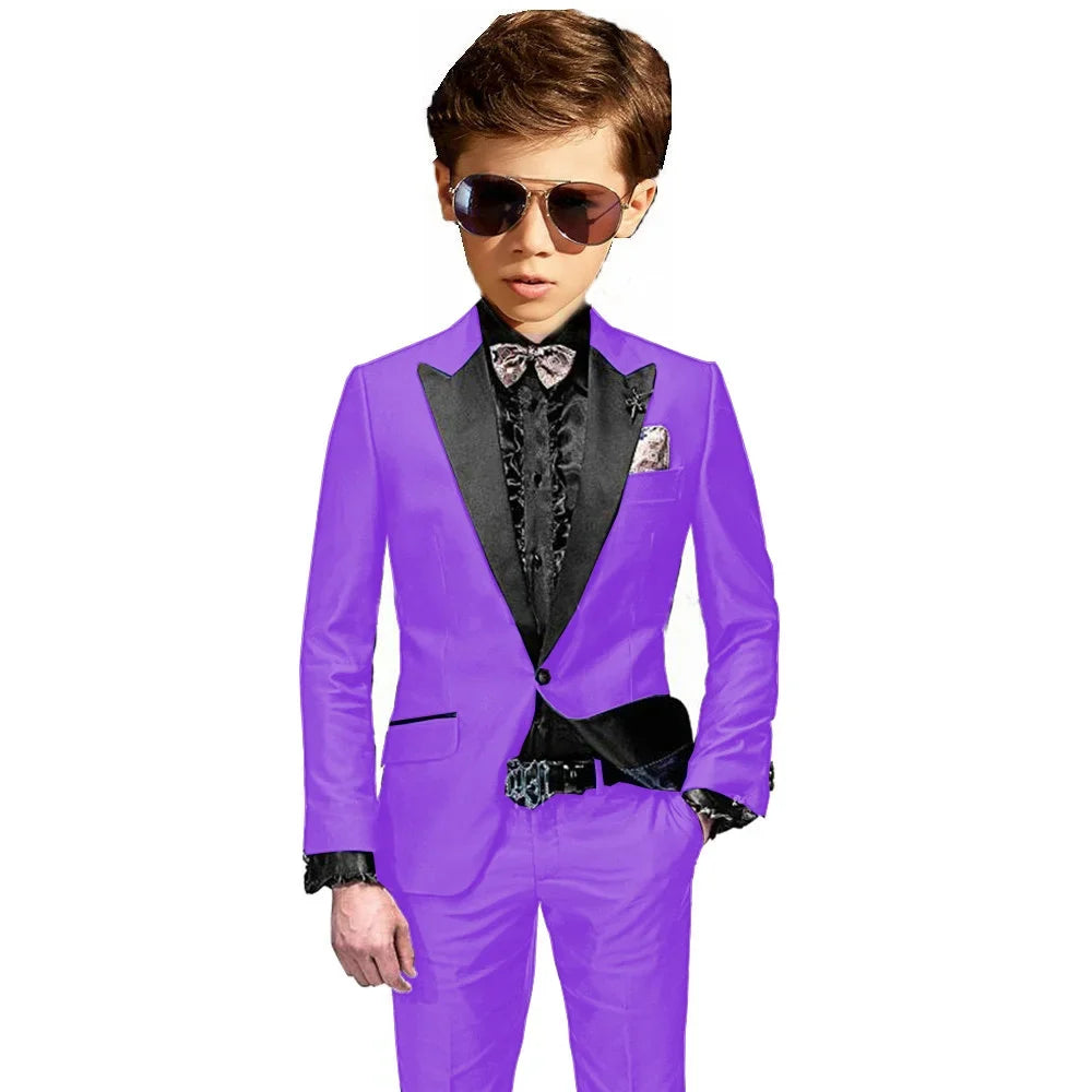 Burgundy Boys Slim Fit Tuxedo 2 Pieces Jacket Pants Formal Party Outfit One Button Peak Lapel Kids Suit Set Wedding Guest Wear