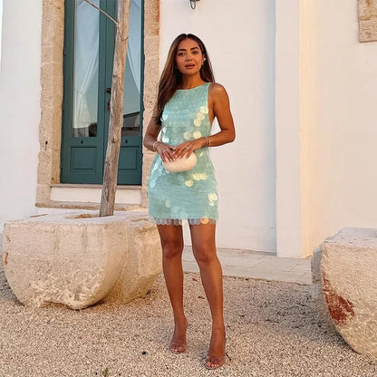 Sexy Sequin Backless Sleeveless Dress Women Chic High Waist Bodycon Sling Mini Dresses 2026 Lady Beach Vacation Party Club Wear