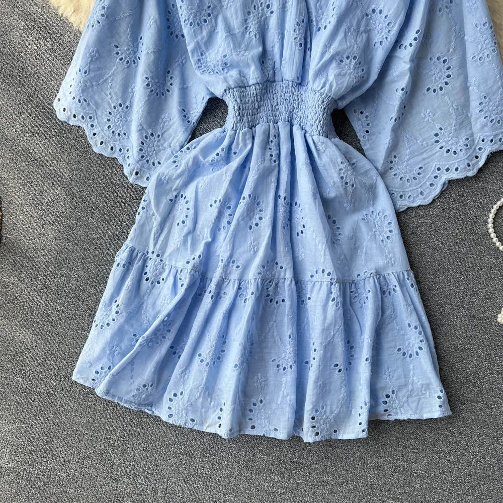 White/Purple/Blue V Neck Summer New Lace Embroidery Dress Women Short Sleeves Dresses Female Vintage Party Beach Midi Dresses