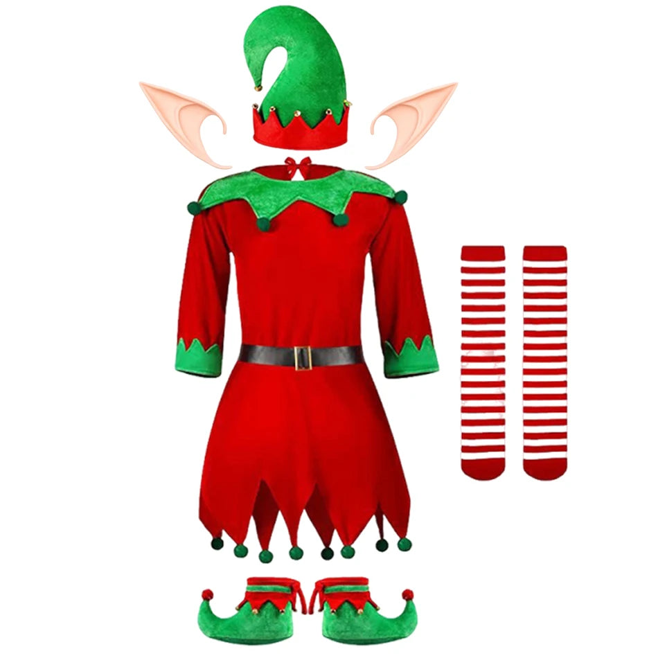 2026 Girl Boy Christmas Elf Costumes Santa Claus Kid Suit Festival Halloween Cosplay Sets Green Elves Clothes
