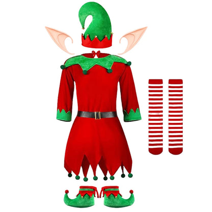 2026 Girl Boy Christmas Elf Costumes Santa Claus Kid Suit Festival Halloween Cosplay Sets Green Elves Clothes