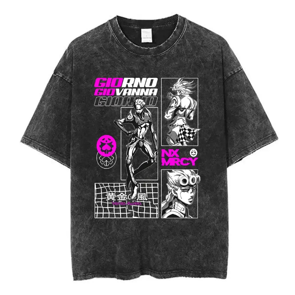 Vintage Washed Anime Jojo Bizarre Adventure T-shirt Giorno Giovanna Manga Graphic T-shirts Men's Clothing Cotton Casual T shirts