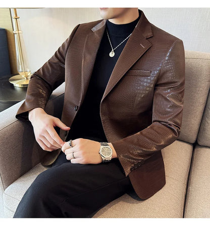 New High Quality Crocodile Stripe Slim Fit Leather Jacket Classic Business Casual Slim Fit Men Blazer Tuxedos Men Clothing 4XL-M