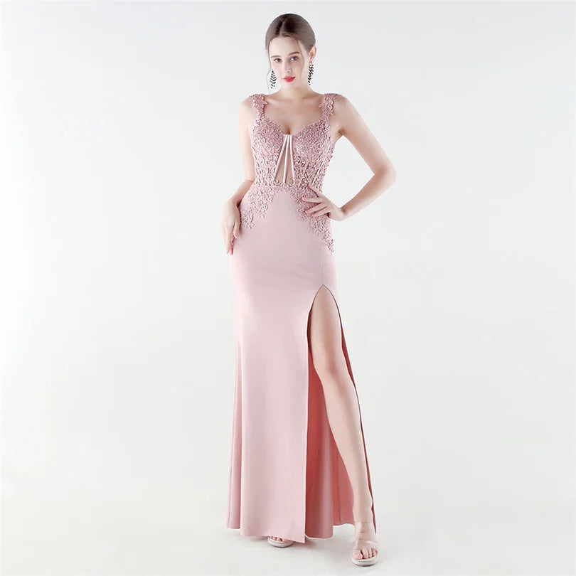10 Colors Women's Sexy Slit Evening Dress with Appliques Soft Satin Wedding Party Dresses Prom Gowns robe de soiree