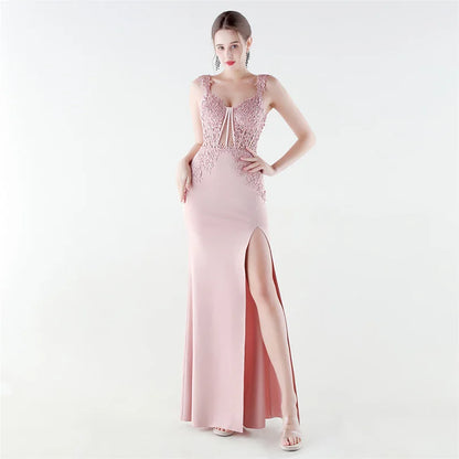 10 Colors Women's Sexy Slit Evening Dress with Appliques Soft Satin Wedding Party Dresses Prom Gowns robe de soiree