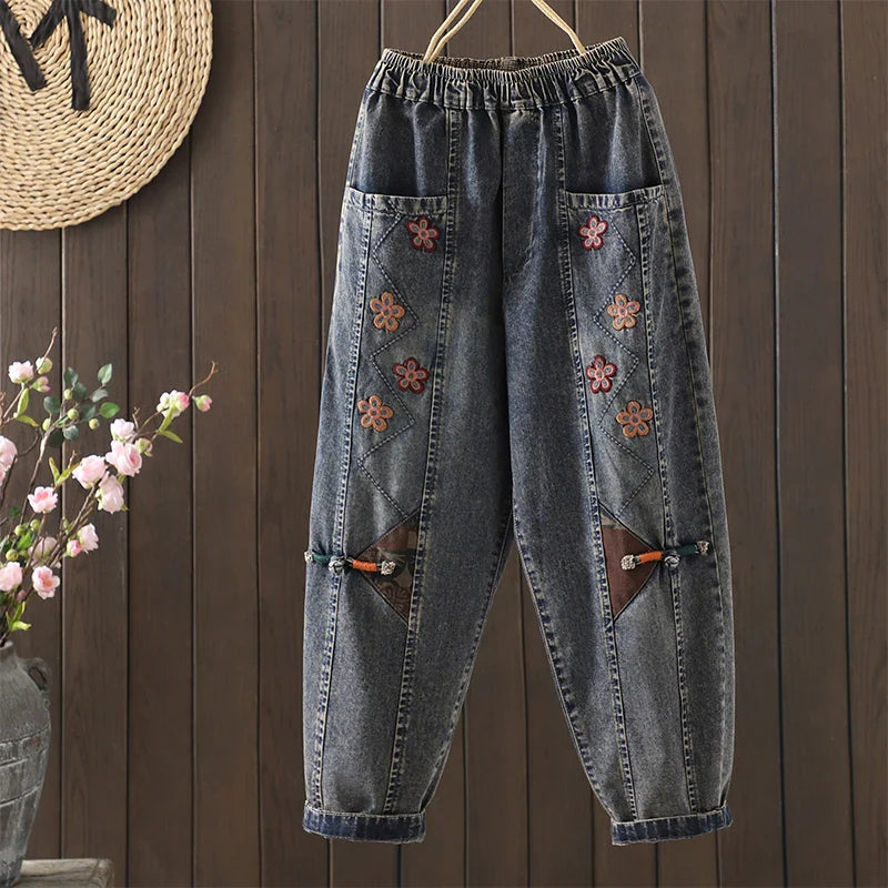Retro Ethnic Sle Embroidered  Plum Blossom Jeans Women Loose Patchwork Print Nine Points Harlan Pants Spring Sle