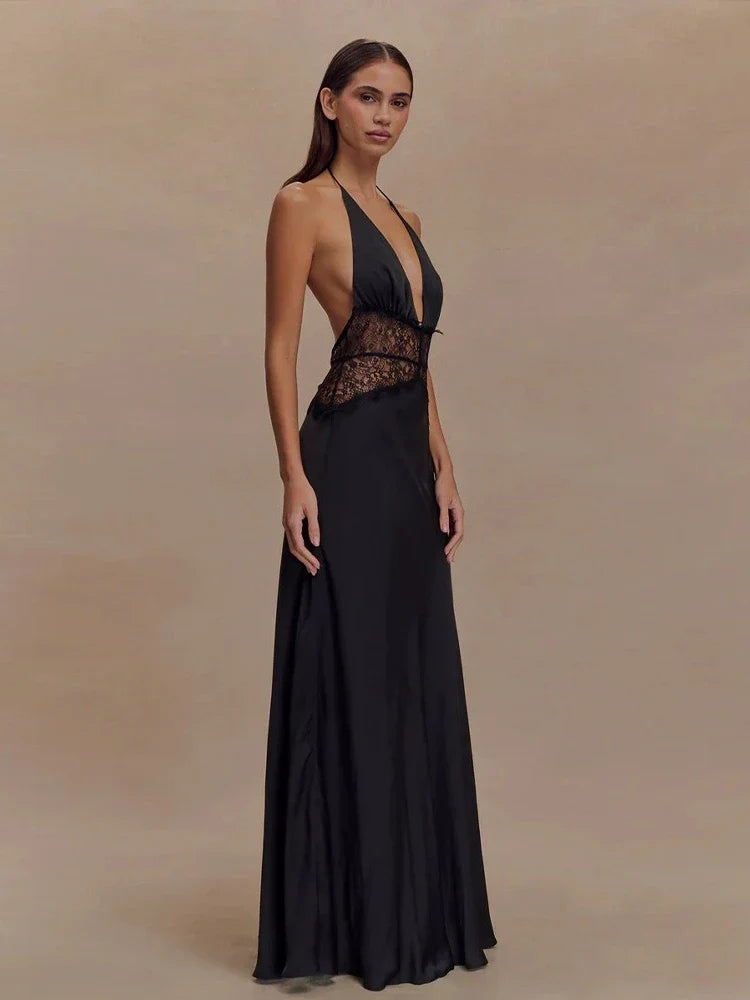 Sexy Deep V-neck Backless Lace Patchwork Satin Dresses for Women 2026 Summer Halter Sleeveless Long Maxi Party Evening Dress