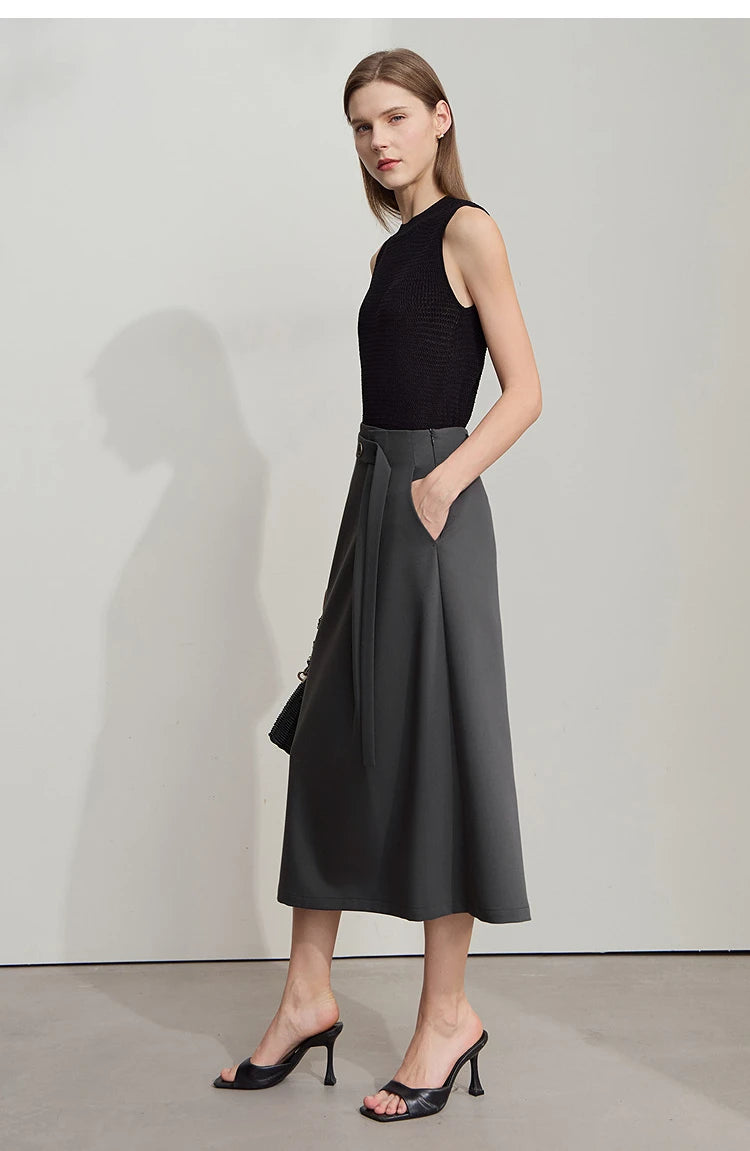 Minimalist Knee length Skirt Women Pleated A-line Loose Dress Elegant Commuting Style Belt Decoration Skirts 12522074